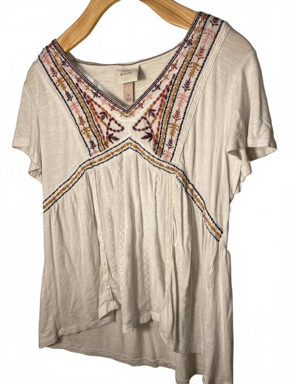 Knox Rose Embroidered White V Neck Short Sleeve Top Womens Size Small White Boho - Picture 7 of 7